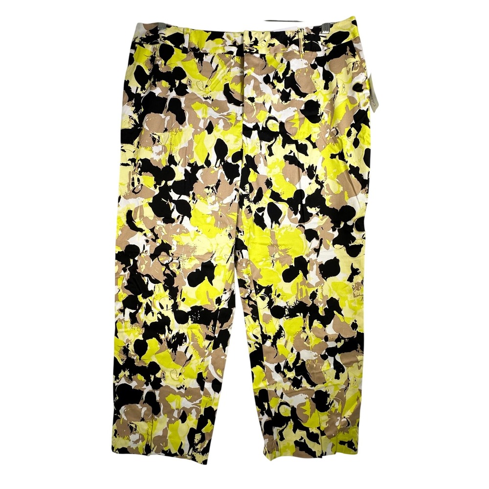 Coldwater Creek Floral Splash Ankle Pants Yellow Tan Black Size 16 NWT